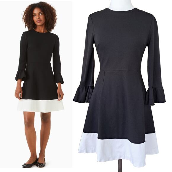 KATE SPADE Black Colorblock Bell Sleeve Ponte Dress Size Smal Fit & Flare Mini - Picture 1 of 10